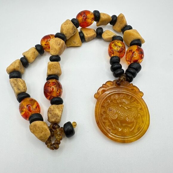 Jewelry - Dragon carved orange jade pendant with amber, stone beaded necklace!